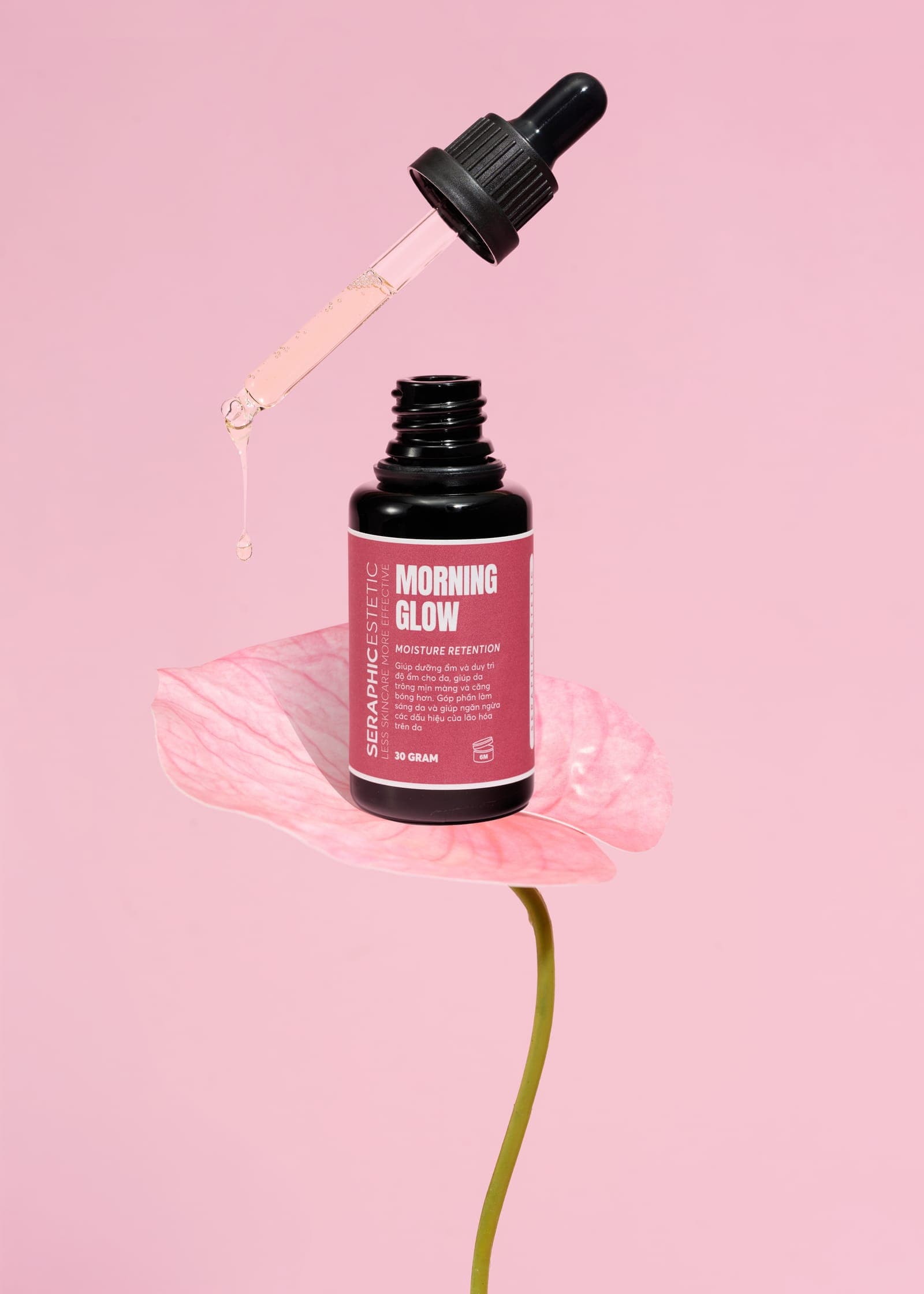 Morning Glow trên cánh hoa, giọt serum nhỏ xuống